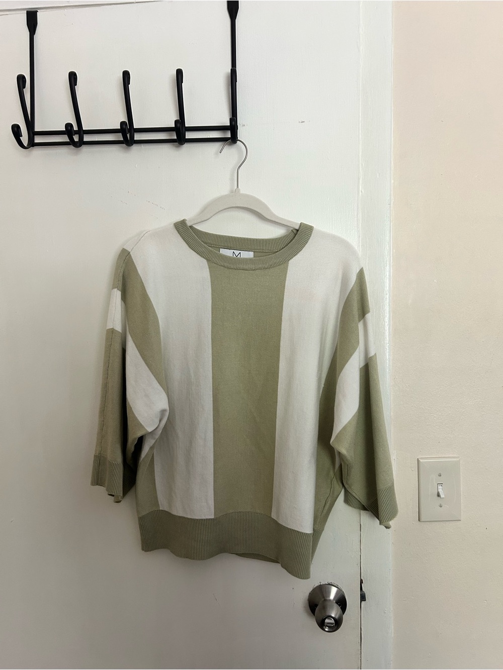 NWOT Magaschoni Sage Green & Cream Striped Knit Sweater Size M
